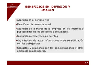 PROJECCIÓ
       PROJECCIÓ
MECENATGE SOCIAL        BENEFICIOS EN DIFUSIÓN Y
                                 IMAGEN
     MECENATGE SOCIAL




              • Aparición en el portal o web
              • Mención en la memoria anual
              • Aparición de la marca de la empresa en los informes y
                publicaciones de los proyectos o actividades.
              • Invitación a conferencias o eventos
              • Organización de actos informativos y de sensibilización
                con los trabajadores.
              • Contactos y relaciones con las administraciones y otras
                empresas colaboradoras.




                                                                          47
 