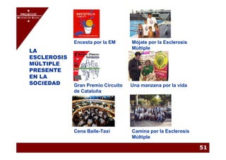 PROJECCIÓ
       PROJECCIÓ
MECENATGE SOCIAL
     MECENATGE SOCIAL




                        Encesta por la EM      Mójate por la Esclerosis
                                               Múltiple
        LA
        ESCLEROSIS
        MÚLTIPLE
        PRESENTE
        EN LA
        SOCIEDAD        Gran Premio Circuito   Una manzana por la vida
                        de Cataluña




                        Cena Baile-Taxi        Camina por la Esclerosis
                                               Múltiple

                                                                          51
 