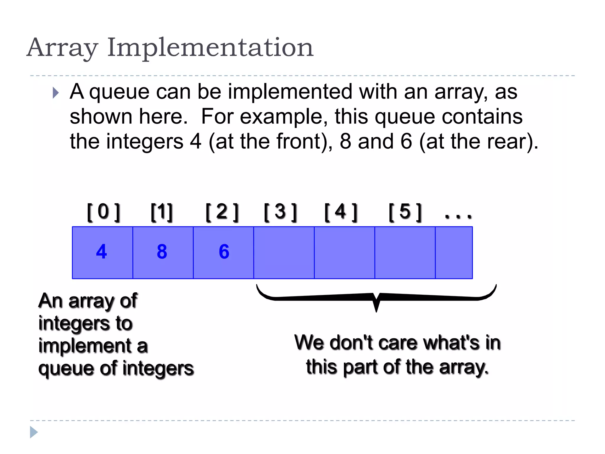 Array Implementation
    A queue can be implemented with an array, as
     shown here. For example, this queue contains
     the integers 4 (at the front), 8 and 6 (at the rear).


      [0]     [1]   [2]   [3]    [4]    [5]    ...

       4      8      6

An array of
integers to
implement a                   We don't care what's in
queue of integers              this part of the array.
 
