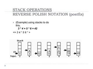 STACK OPERATIONS
REVERSE POLISH NOTATION (postfix)

 (Example) using stacks to do
  this.
    3 * 4 + 5 * 6 = 42
=> 3 4 * 5 6 * +
 