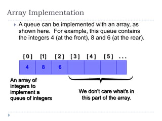 Array Implementation
    A queue can be implemented with an array, as
     shown here. For example, this queue contains
     the integers 4 (at the front), 8 and 6 (at the rear).


      [0]     [1]   [2]   [3]    [4]    [5]    ...

       4      8      6

An array of
integers to
implement a                   We don't care what's in
queue of integers              this part of the array.
 