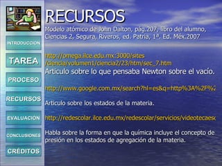 RECURSOS Modelo atómico de John Dalton, pág.207, libro del alumno, Ciencias 2, Segura, Riveros, ed. Patria, 1ª. Ed. Méx.2007 http :// omega.ilce.edu.mx :3000/ sites /ciencia/volumen1/ciencia2/23/ htm / sec _7. htm Articulo sobre lo que pensaba Newton sobre el vacío. http://www.google.com.mx/search?hl=es&q=http%3A%2F%2Fconcurso.cnice.mec.es%2Fcnice2005%2F93_iniciacion_interactiva_materia%2Fcurso%2Fmateriales%2Festados%2Festados1.htm&btnG=Buscar&meta=lr%3Dlang_es Articulo sobre los estados de la materia. http://redescolar.ilce.edu.mx/redescolar/servicios/videotecaescolar/quimica/ejemplo1.htm Habla sobre la forma en que la química incluye el concepto de presión en los estados de agregación de la materia. INTRODUCCIÓN TAREA PROCESO RECURSOS EVALUACIÓN CONCLUSIONES CRÉDITOS 
