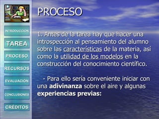 PROCESO 1. Antes de la tarea hay que hacer una introspección al pensamiento del alumno sobre las  características  de la materia, así como la  utilidad de los modelos  en la construcción del conocimiento científico.   - Para ello sería conveniente iniciar con una  adivinanza  sobre el aire y algunas  experiencias previas:   INTRODUCCIÓN TAREA PROCESO RECURSOS EVALUACIÓN CONCLUSIONES CRÉDITOS 