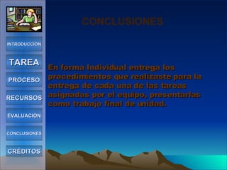 En forma Individual entrega los procedimientos que realizaste para la entrega de cada una de las tareas asignadas por el equipo, presentarlas como trabajo final de unidad. INTRODUCCIÓN TAREA PROCESO RECURSOS EVALUACIÓN CONCLUSIONES CRÉDITOS CONCLUSIONES 