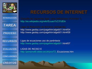 RECURSOS DE INTERNET   Consulta las siguientes ligas  para definiciones (Actividad 1) http://es.wikipedia.org/wiki/Ecuaci%C3%B3n Ligas de Reducción de términos semejantes  http://www.geolay.com/pagehtm/algeb01.htm#34 http://www.geolay.com/pagehtm/algeb01.htm#39 Ligas de ecuaciones uso de paréntesis http :// www.geolay.com / pagehtm /algeb01. htm#37 LIGAS DE INCISO E http ://personal5. iddeo.es / ztt / pra /T2_ Ecuaciones.htm INTRODUCCIÓN TAREA PROCESO RECURSOS EVALUACIÓN CONCLUSIONES CRÉDITOS 
