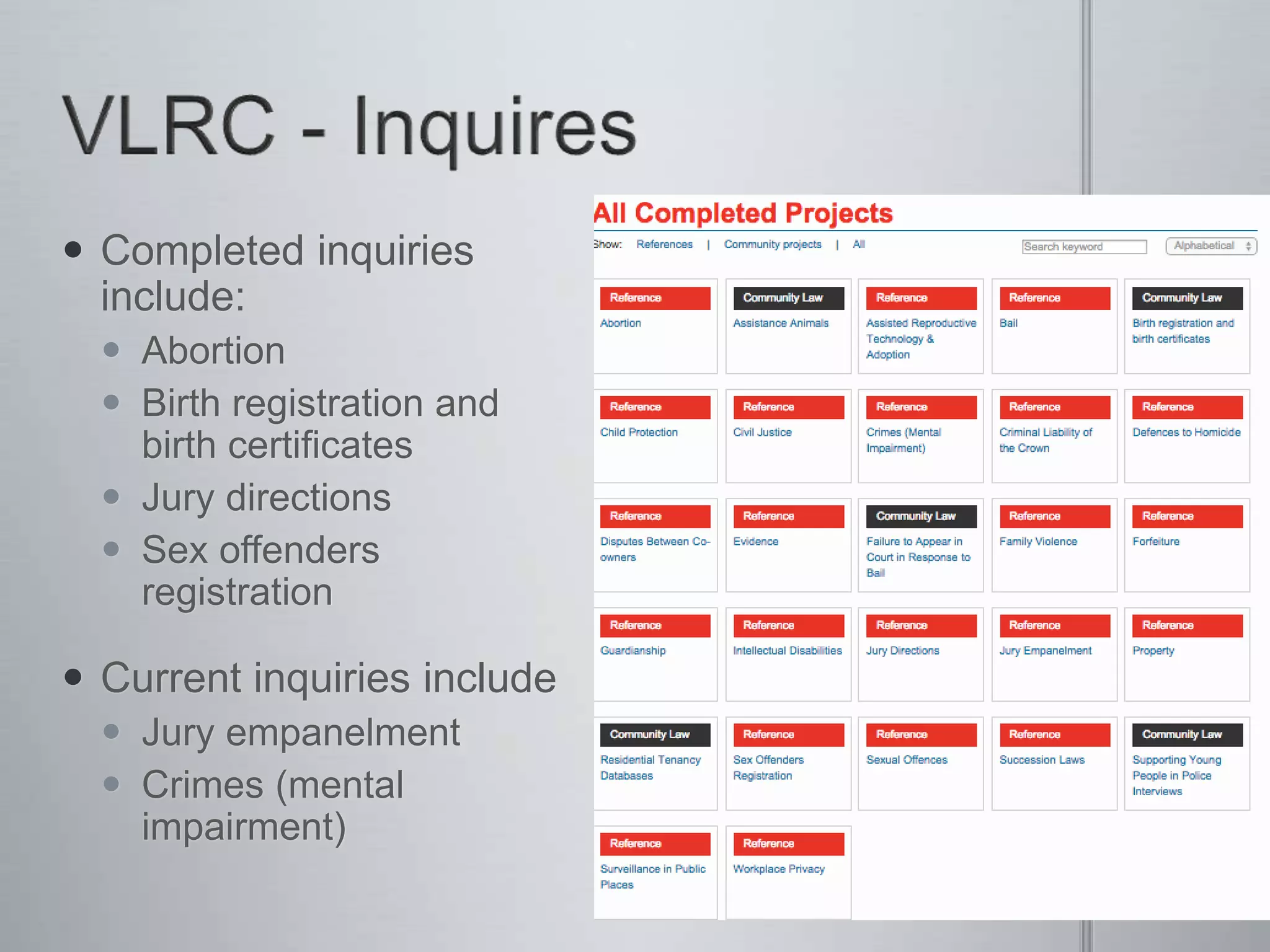  Completed inquiries
include:
 Abortion
 Birth registration and
birth certificates
 Jury directions
 Sex offenders
registration
 Current inquiries include
 Jury empanelment
 Crimes (mental
impairment)
 