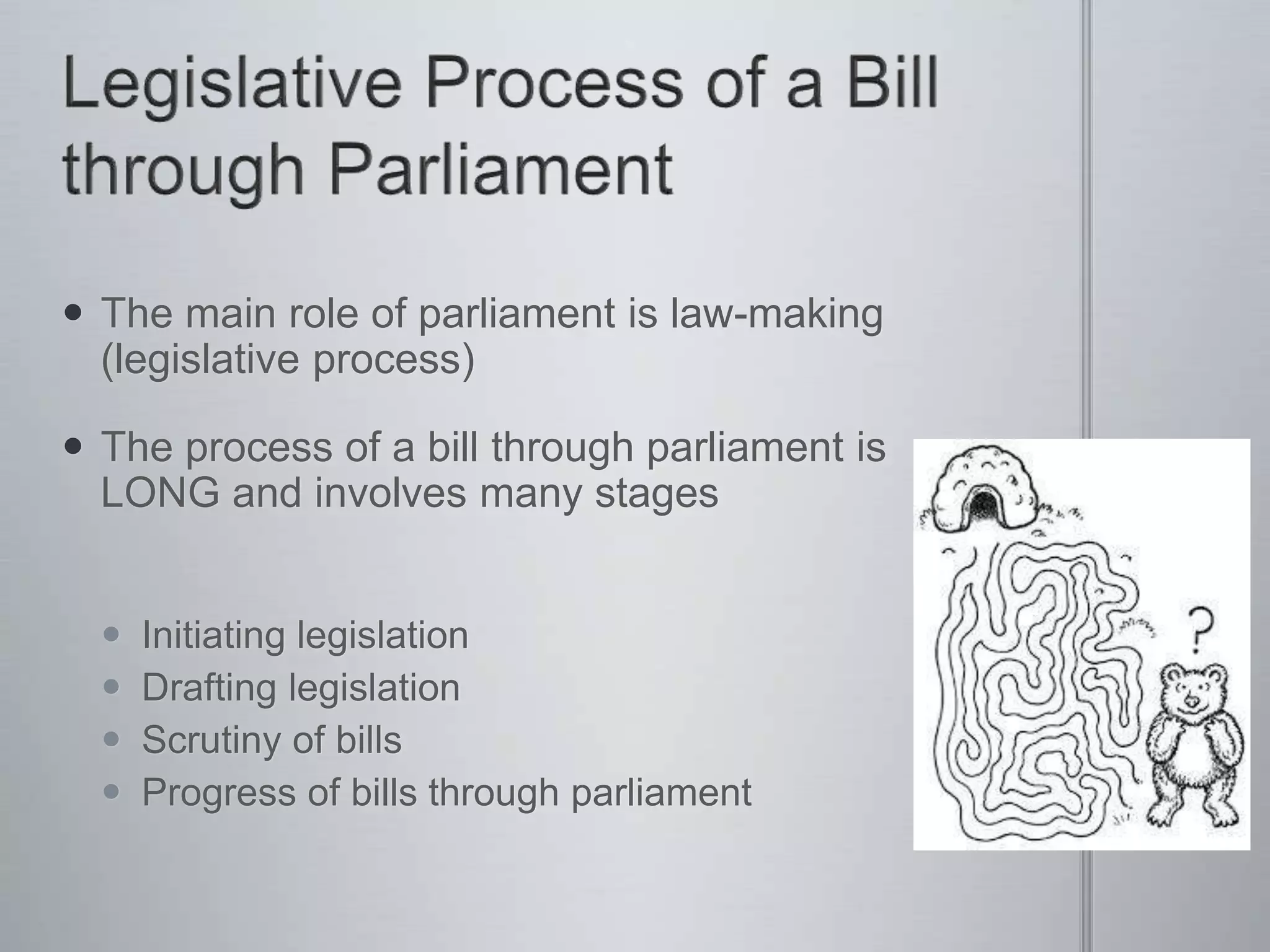  The main role of parliament is law-making
(legislative process)
 The process of a bill through parliament is
LONG and involves many stages
 Initiating legislation
 Drafting legislation
 Scrutiny of bills
 Progress of bills through parliament
 