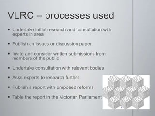  Undertake initial research and consultation with
experts in area
 Publish an issues or discussion paper
 Invite and consider written submissions from
members of the public
 Undertake consultation with relevant bodies
 Asks experts to research further
 Publish a report with proposed reforms
 Table the report in the Victorian Parliament
 