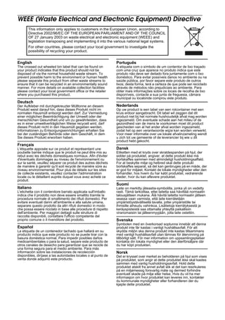 WEEE (Waste Electrical and Electronic Equipment) Directive
English
The crossed out wheeled bin label that can be found on
your product indicates that this product should not be
disposed of via the normal household waste stream. To
prevent possible harm to the environment or human health
please separate this product from other waste streams to
ensure that it can be recycled in an environmentally sound
manner. For more details on available collection facilities
please contact your local government office or the retailer
where you purchased this product.
Deutsch
Der Aufkleber mit durchgekreuzter Mülltonne an diesem
Produkt weist darauf hin, dass dieses Produkt nicht im
normalen Hausmüll entsorgt werden darf. Zur Vermeidung
einer möglichen Beeinträchtigung der Umwelt oder der
menschlichen Gesundheit und um zu gewährleisten, dass
es in einer umweltverträglichen Weise recycelt wird, darf
dieses Produkt nicht in den Hausmüll gegeben werden.
Informationen zu Entsorgungseinrichtungen erhalten Sie
bei der zuständigen Behörde oder dem Geschäft, in dem
Sie dieses Produkt erworben haben.
Français
L'étiquette apposée sur ce produit et représentant une
poubelle barrée indique que le produit ne peut être mis au
rebut avec les déchets domestiques normaux. Afin d'éviter
d'éventuels dommages au niveau de l'environnement ou
sur la santé, veuillez séparer ce produit des autres déchets
de manière à garantir qu'il soit recyclé de manière sûre au
niveau environnemental. Pour plus de détails sur les sites
de collecte existants, veuillez contacter l'administration
locale ou le détaillant auprès duquel vous avez acheté ce
produit.
Italiano
L'etichetta con il contenitore barrato applicata sull'imballo
indica che il prodotto non deve essere smaltito tramite la
procedura normale di smaltimento dei rifiuti domestici. Per
evitare eventuali danni all'ambiente e alla salute umana,
separare questo prodotto da altri rifiuti domestici in modo
che possa essere riciclato in base alle procedure di rispetto
dell'ambiente. Per maggiori dettagli sulle strutture di
raccolta disponibili, contattare l'ufficio competente del
proprio comune o il rivenditore del prodotto.
Español
La etiqueta de un contenedor tachado que hallará en su
producto indica que este producto no se puede tirar con la
basura doméstica normal. Para impedir posibles daños
medioambientales o para la salud, separe este producto de
otros canales de desecho para garantizar que se recicle de
una forma segura para el medio ambiente. Para más
información sobre las instalaciones de recolección
disponibles, diríjase a las autoridades locales o al punto de
venta donde adquirió este producto.
Português
A etiqueta com o símbolo de um contentor de lixo traçado
com uma cruz que aparece no produto indica que este
produto não deve ser deitado fora juntamente com o lixo
doméstico. Para evitar possíveis danos no ambiente ou na
saúde pública, por favor separe este produto de outros
lixos; desta forma, terá a certeza de que pode ser reciclado
através de métodos não prejudiciais ao ambiente. Para
obter mais informações sobre os locais de recolha de lixo
disponíveis, contacte a sua junta de freguesia, câmara
municipal ou localonde comprou este produto.
Nederlands
Op uw product is een label van een rolcontainer met een
kruis erdoor aangebracht. Dit label wil zeggen dat dit
product niet bij het normale huishoudelijk afval mag worden
ingezameld. Om eventuele schade aan het milieu of de
gezondheid van de mens te voorkomen moet dit product
gescheiden van al het ander afval worden ingezameld,
zodat het op een verantwoorde wijze kan worden verwerkt.
Voor meer informatie over uw lokale afvalinzameling wendt
u zich tot uw gemeente of de leverancier bij wie u dit
product hebt gekocht.
Dansk
Etiketten med et kryds over skraldespanden på hjul, der
sidder på produktet, angiver, at dette produkt ikke må
bortskaffes sammen med almindeligt husholdningsaffald.
For at beskytte miljø og helbred skal dette produkt
bortskaffes separat, så det kan genbruges på en måde, der
er god for miljøet. Kontakt de lokale myndigheder eller den
forhandler, hos hvem du har købt produktet, vedrørende
steder, hvor du kan aflevere produktet.
Suomi
Laite on merkitty jäteastia-symbolilla, jonka yli on vedetty
rasti. Tämä tarkoittaa, ettei laitetta saa hävittää normaalin
talousjätteen mukana. Älä hävitä laitetta normaalin jätteen
seassa vaan varmista, että laite kierrätetään
ympäristöystävällisellä tavalla, jottei ympäristölle tai
ihmisille aiheudu vahinkoa. Lisätietoja kierrätyksestä ja
keräyspisteistä saa ottamalla yhteyttä paikallisiin
viranomaisiin tai jälleenmyyjään, jolta laite ostettiin.
Svenska
Symbolen med en överkorsad soptunna innebär att denna
produkt inte får kastas i vanligt hushållsavfall. För att
skydda miljön ska denna produkt inte kastas tillsammans
med vanligt hushållsavfall utan lämnas för återvinning på
tillbörligt sätt. För mer information om uppsamlingsplatser
kontakta din lokala myndighet eller den återförsäljare där
du har köpt produkten.
Norsk
Det er krysset over merket av beholderen på hjul som vises
på produktet, som angir at dette produktet ikke skal kastes
sammen med vanlig husholdningsavfall. Hold dette
produktet atskilt fra annet avfall slik at det kan resirkuleres
på en miljømessig forsvarlig måte og dermed forhindre
eventuell skade på miljø eller helse. Hvis du vil ha mer
informasjon om hvor produktet kan leveres inn, kontakter
du kommunale myndigheter eller forhandleren der du
kjøpte dette produktet.
This information only applies to customers in the European Union, according to
Directive 2002/96/EC OF THE EUROPEAN PARLIAMENT AND OF THE COUNCIL
OF 27 January 2003 on waste electrical and electronic equipment (WEEE) and
legislation transposing and implementing it into the various national legal systems.
For other countries, please contact your local government to investigate the
possibility of recycling your product.
 