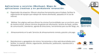 FRAp licacion es y s er vicios ( Mas h u ps ). Map a d e
ap licacion es creativas y en p erman ente ren ovación .
Agregue un pie de página 17
a) Organizador de proyectos: Ofrecen atractivas herramientas para el trabajo, facilitan la
organización de equipos que trabajan de manera distribuida, apoyados en el uso de
internet.
b) Webtop: Son páginas web que ofrecen las mismas funcionalidades que un escritorio, pero
de manera virtual, ofrecen servicios de gestión de información, lectores de feeds, canales
de comunicación, calendarios, agenda de direcciones, herramientas para escribir blogs, etc.
c) Almacenamiento en la web: Servicios de almacenamiento remoto; gratuito y de pago
a) Reproductores y agregadores de música: herramientas y sitios web desarrollados para
facilitar: la creación, edición, organización, distribución, publicación, reproducción y
búsqueda de audios.
 