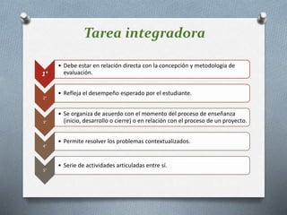 1°
• Debe estar en relación directa con la concepción y metodología de
evaluación.
2°
• Refleja el desempeño esperado por el estudiante.
3°
• Se organiza de acuerdo con el momento del proceso de enseñanza
(inicio, desarrollo o cierre) o en relación con el proceso de un proyecto.
4°
• Permite resolver los problemas contextualizados.
5°
• Serie de actividades articuladas entre sí.
Tarea integradora
 