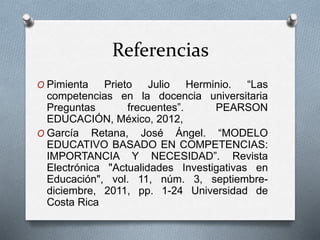 Referencias
O Pimienta Prieto Julio Herminio. “Las
competencias en la docencia universitaria
Preguntas frecuentes”. PEARSON
EDUCACIÓN, México, 2012,
O García Retana, José Ángel. “MODELO
EDUCATIVO BASADO EN COMPETENCIAS:
IMPORTANCIA Y NECESIDAD”. Revista
Electrónica "Actualidades Investigativas en
Educación", vol. 11, núm. 3, septiembre-
diciembre, 2011, pp. 1-24 Universidad de
Costa Rica
 