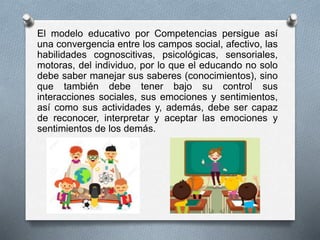 El modelo educativo por Competencias persigue así
una convergencia entre los campos social, afectivo, las
habilidades cognoscitivas, psicológicas, sensoriales,
motoras, del individuo, por lo que el educando no solo
debe saber manejar sus saberes (conocimientos), sino
que también debe tener bajo su control sus
interacciones sociales, sus emociones y sentimientos,
así como sus actividades y, además, debe ser capaz
de reconocer, interpretar y aceptar las emociones y
sentimientos de los demás.
 