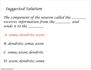 Suggested Solution
The component of the neuron called the _________
receives information from the _________ and
sends it to the _________.
A. soma; dendrite; axon
B. dendrite; soma; axon
C. soma; axon; dendrite
D. axon; dendrite; soma
Tuesday, 22 October 2013

 