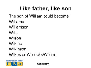 Like father, like son The son of William could become  Williams  Williamson Wills Wilson Wilkins Wilkinson Wilkes or Wilcocks/Wilcox 
