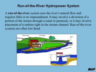 Run-of-the-River Hydropower System 
A run-of-the-river system uses the river’s natural flow and 
requires little or no impoundment. It may involve a diversion of a 
portion of the stream through a canal or penstock, or it may involve 
placement of a turbine right in the stream channel. Run-of-the-river 
systems are often low-head. 
 