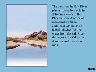 The dams on the Salt River 
play a tremendous role in 
delivering water to the 
Phoenix area. A series of 
nine canals with an 
additional 924 miles of 
lateral “ditches” deliver 
water from the Salt River 
throughout the Valley for 
domestic and irrigation 
uses. 
 