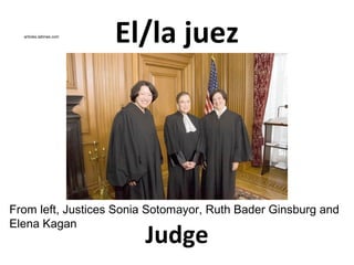 articles.latimes.com

El/la juez

From left, Justices Sonia Sotomayor, Ruth Bader Ginsburg and
Elena Kagan

Judge

 
