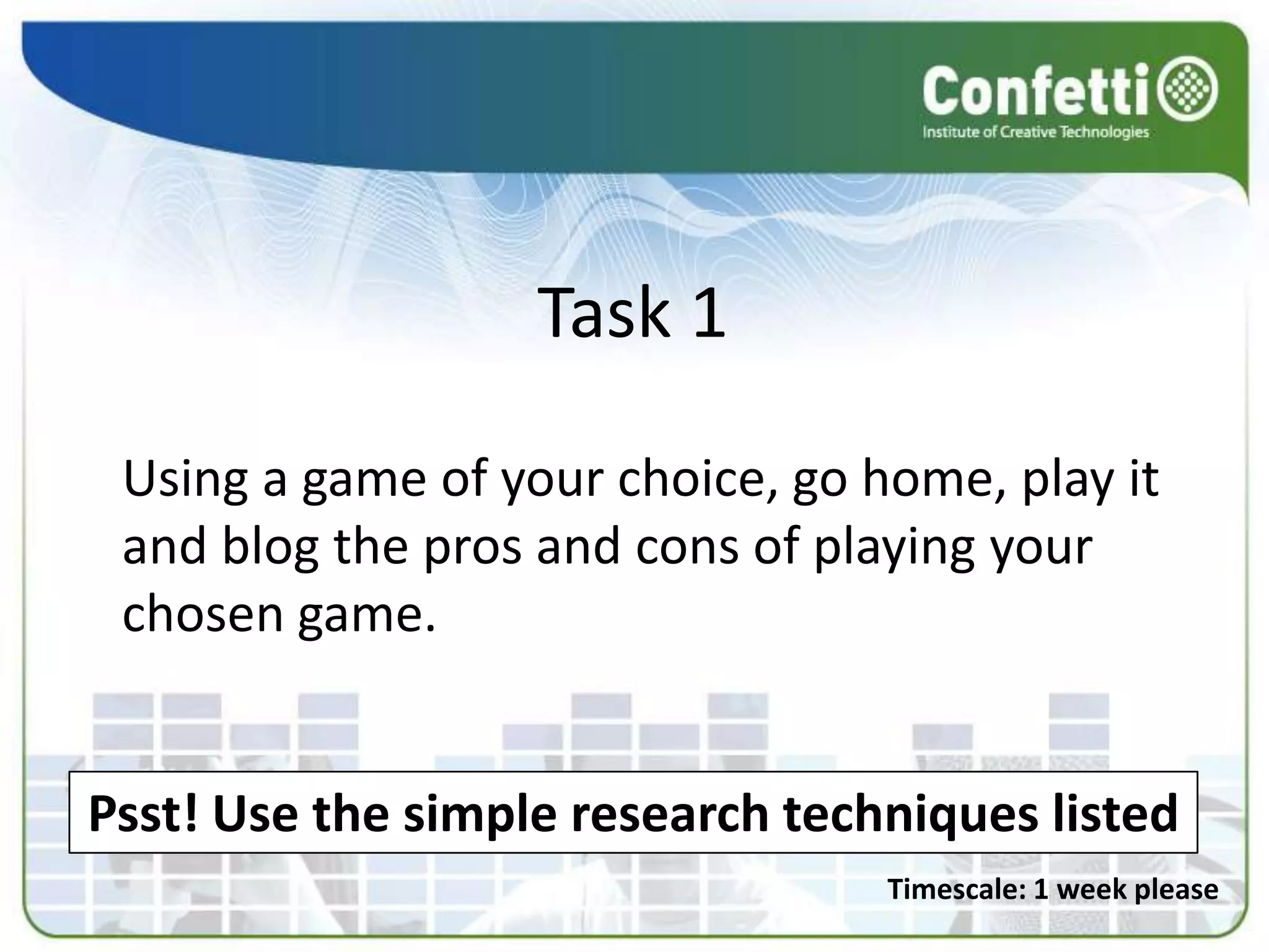  Compare and contrast genre and games within genre to express preferencesActivityDiscuss amongst yourselves the games you have played over the Christmas period. When your time is up, give me 2 questions that were asked the most during your discussions.