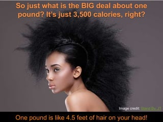 So just what is the BIG deal about one pound? It’s just 3,500 calories, right? Image credit: Stand By, JT One pound is like 4.5 feet of hair on your head! 