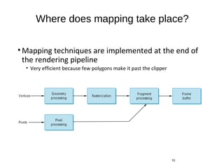 Where does mapping take place?
•Mapping techniques are implemented at the end of
the rendering pipeline
• Very efficient because few polygons make it past the clipper
10
 