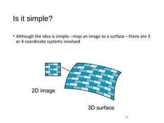 Is it simple?
• Although the idea is simple---map an image to a surface---there are 3
or 4 coordinate systems involved
11
2D image
3D surface
 