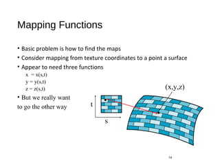 Mapping Functions
• Basic problem is how to find the maps
• Consider mapping from texture coordinates to a point a surface
• Appear to need three functions
x = x(s,t)
y = y(s,t)
z = z(s,t)
• But we really want
to go the other way
14
s
t
(x,y,z)
 