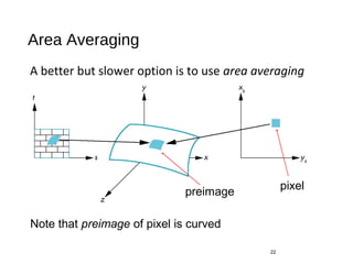 Area Averaging
A better but slower option is to use area averaging
22
Note that preimage of pixel is curved
pixel
preimage
 