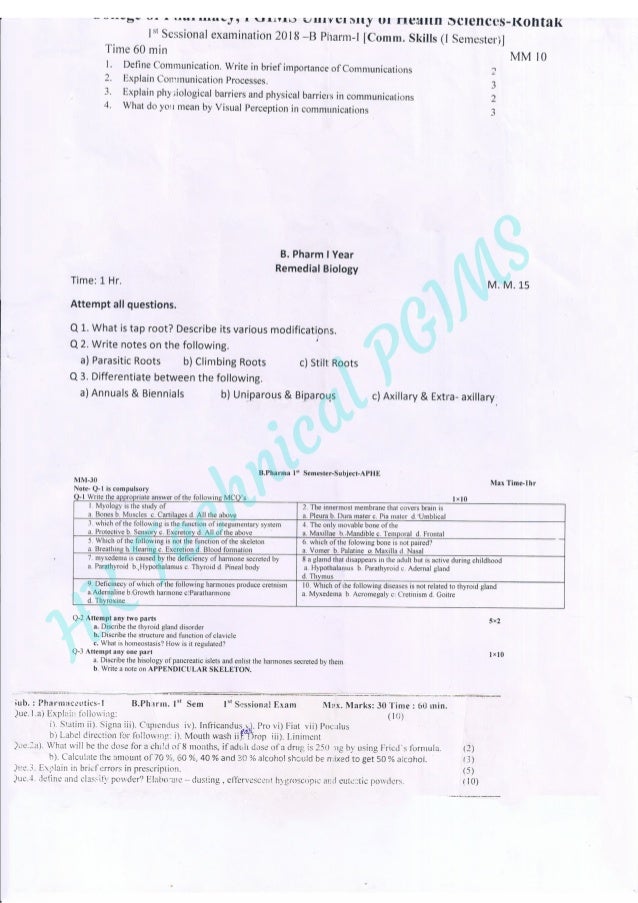 B Pharmacy 1st sessional All previous years question papers PGIMS Roh…