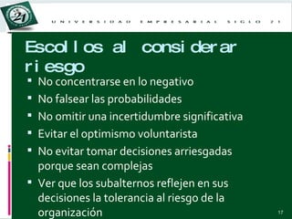 Escollos al considerar riesgo No concentrarse en lo negativo No falsear las probabilidades No omitir una incertidumbre significativa Evitar el optimismo voluntarista No evitar tomar decisiones arriesgadas porque sean complejas Ver que los subalternos reflejen en sus decisiones la tolerancia al riesgo de la organización  