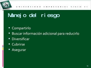 Manejo del riesgo Compartirlo Buscar información adicional para reducirlo Diversificar Cubrirse Asegurar 