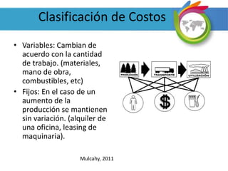 Clasificación de Costos
• Variables: Cambian de
acuerdo con la cantidad
de trabajo. (materiales,
mano de obra,
combustibles, etc)
• Fijos: En el caso de un
aumento de la
producción se mantienen
sin variación. (alquiler de
una oficina, leasing de
maquinaria).
Mulcahy, 2011
 