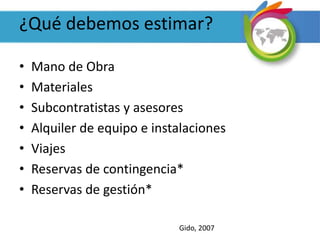 ¿Qué debemos estimar?
• Mano de Obra
• Materiales
• Subcontratistas y asesores
• Alquiler de equipo e instalaciones
• Viajes
• Reservas de contingencia*
• Reservas de gestión*
Gido, 2007
 