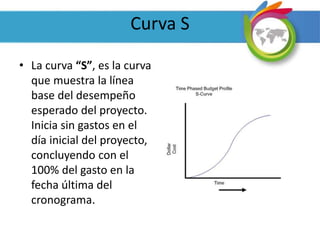 Curva S
• La curva “S”, es la curva
que muestra la línea
base del desempeño
esperado del proyecto.
Inicia sin gastos en el
día inicial del proyecto,
concluyendo con el
100% del gasto en la
fecha última del
cronograma.
 