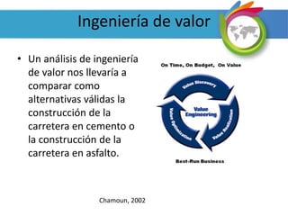 Ingeniería de valor
• Un análisis de ingeniería
de valor nos llevaría a
comparar como
alternativas válidas la
construcción de la
carretera en cemento o
la construcción de la
carretera en asfalto.
Chamoun, 2002
 