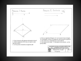 1.-Trace la bisectriz del segmento AB dando la línea E
2.- dividí el segmento CD en dos y lo repartí a cada
lado de la línea E
3.- uní los puntos resultantes al segmento AB
1.-Trace un segmento AB igual a “y”, en el punto A trace el ángulo
“X” y prolongue la línea a la medida de z para encontrar el punto C
2.- Con centro en C y radio AB trace un arco sobre B
3.- Con centro en B y radio “z” intercepte al arco anterior , uní los
puntos ABCD
 