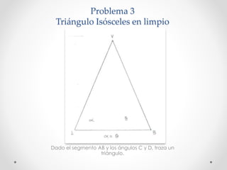 Problema 3
Triángulo Isósceles en limpio
Dado el segmento AB y los ángulos C y D, traza un
triángulo.
 