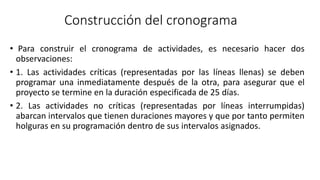 Construcción del cronograma
• Para construir el cronograma de actividades, es necesario hacer dos
observaciones:
• 1. Las actividades críticas (representadas por las líneas llenas) se deben
programar una inmediatamente después de la otra, para asegurar que el
proyecto se termine en la duración especificada de 25 días.
• 2. Las actividades no críticas (representadas por líneas interrumpidas)
abarcan intervalos que tienen duraciones mayores y que por tanto permiten
holguras en su programación dentro de sus intervalos asignados.
 
