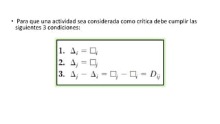 • Para que una actividad sea considerada como crítica debe cumplir las
siguientes 3 condiciones:
 