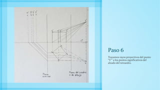 Paso 6
Trazamos rayos proyectivos del punto
“V’” a los puntos significativos del
alzado del tetraedro.
 
