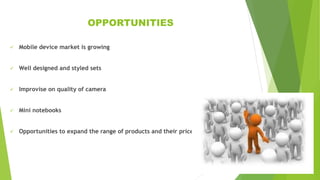 OPPORTUNITIES
 Mobile device market is growing
 Well designed and styled sets
 Improvise on quality of camera
 Mini notebooks
 Opportunities to expand the range of products and their prices.
 
