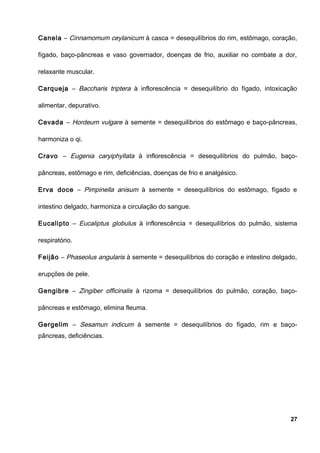 Canela – Cinnamomum ceylanicum à casca = desequilíbrios do rim, estômago, coração,
fígado, baço-pâncreas e vaso governador, doenças de frio, auxiliar no combate a dor,
relaxante muscular.
Carqueja – Baccharis triptera à inflorescência = desequilíbrio do fígado, intoxicação
alimentar, depurativo.
Cevada – Hordeum vulgare à semente = desequilíbrios do estômago e baço-pâncreas,
harmoniza o qi.
Cravo – Eugenia caryiphyllata à inflorescência = desequilíbrios do pulmão, baço-
pâncreas, estômago e rim, deficiências, doenças de frio e analgésico.
Erva doce – Pimpinella anisum à semente = desequilíbrios do estômago, fígado e
intestino delgado, harmoniza a circulação do sangue.
Eucalipto – Eucaliptus globulus à inflorescência = desequilíbrios do pulmão, sistema
respiratório.
Feijão – Phaseolus angularis à semente = desequilíbrios do coração e intestino delgado,
erupções de pele.
Gengibre – Zingiber officinalis à rizoma = desequilíbrios do pulmão, coração, baço-
pâncreas e estômago, elimina fleuma.
Gergelim – Sesamun indicum à semente = desequilíbrios do fígado, rim e baço-
pâncreas, deficiências.
27
 