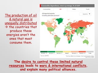 The production of oil
& natural gas is
unequally distributed
 the countries that
produce these
energies aren’t the
ones that most
consume them.
The desire to control these limited natural
resources leads to wars & international conflicts,
and explain many political alliances.
 