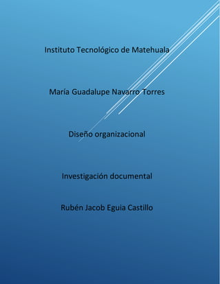 Instituto Tecnológico de Matehuala
María Guadalupe Navarro Torres
Diseño organizacional
Investigación documental
Rubén Jacob Eguia Castillo
 