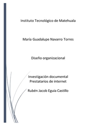 Instituto Tecnológico de Matehuala
María Guadalupe Navarro Torres
Diseño organizacional
Investigación documental
Prestatarios de internet
Rubén Jacob Eguia Castillo
 