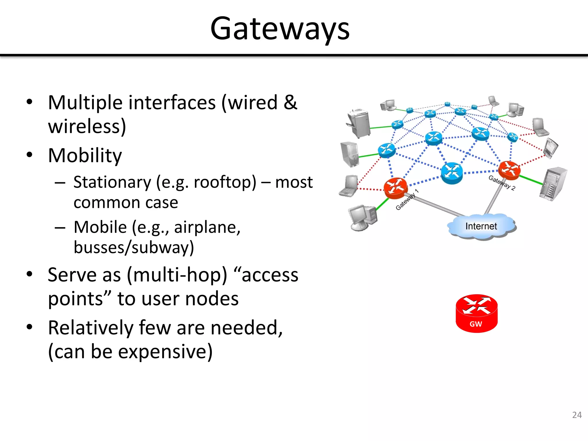 24
Gateways
• Multiple interfaces (wired &
wireless)
• Mobility
– Stationary (e.g. rooftop) – most
common case
– Mobile (e.g., airplane,
busses/subway)
• Serve as (multi-hop) “access
points” to user nodes
• Relatively few are needed,
(can be expensive)
GW
 