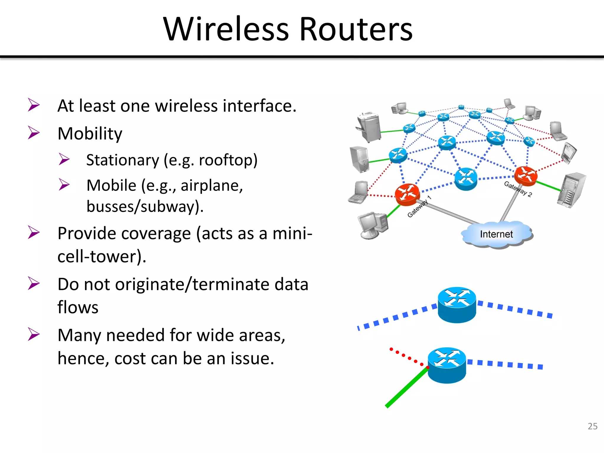 25
Wireless Routers
 At least one wireless interface.
 Mobility
 Stationary (e.g. rooftop)
 Mobile (e.g., airplane,
busses/subway).
 Provide coverage (acts as a mini-
cell-tower).
 Do not originate/terminate data
flows
 Many needed for wide areas,
hence, cost can be an issue.
 