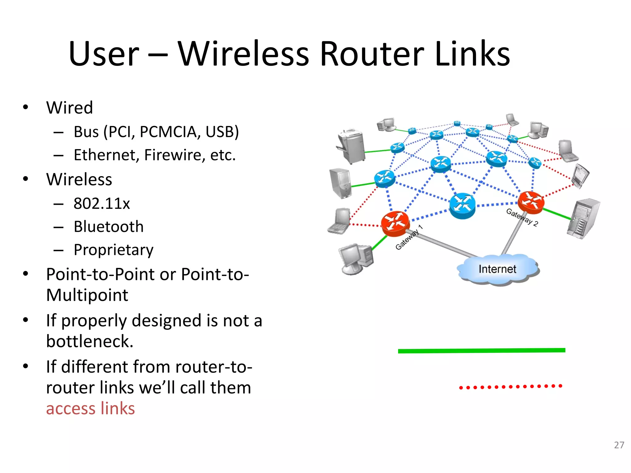 27
User – Wireless Router Links
• Wired
– Bus (PCI, PCMCIA, USB)
– Ethernet, Firewire, etc.
• Wireless
– 802.11x
– Bluetooth
– Proprietary
• Point-to-Point or Point-to-
Multipoint
• If properly designed is not a
bottleneck.
• If different from router-to-
router links we’ll call them
access links
 