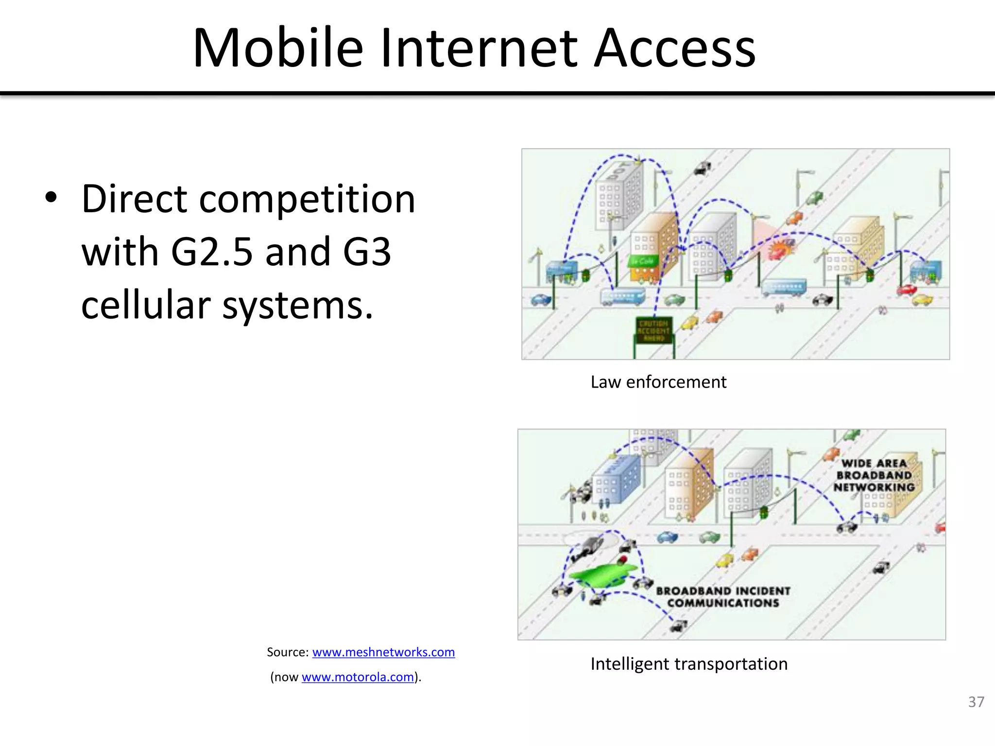 37
Mobile Internet Access
Law enforcement
Intelligent transportation
• Direct competition
with G2.5 and G3
cellular systems.
Source: www.meshnetworks.com
(now www.motorola.com).
 