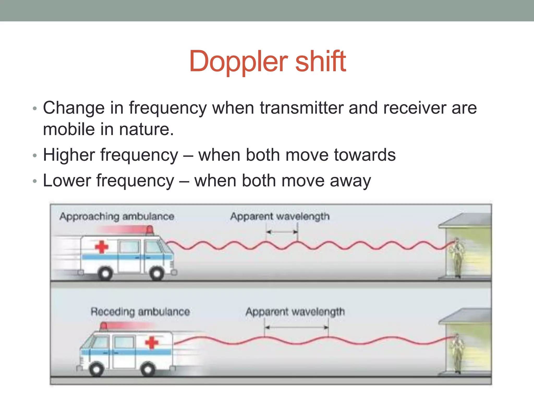 Doppler shift
• Change in frequency when transmitter and receiver are
mobile in nature.
• Higher frequency – when both move towards
• Lower frequency – when both move away
 